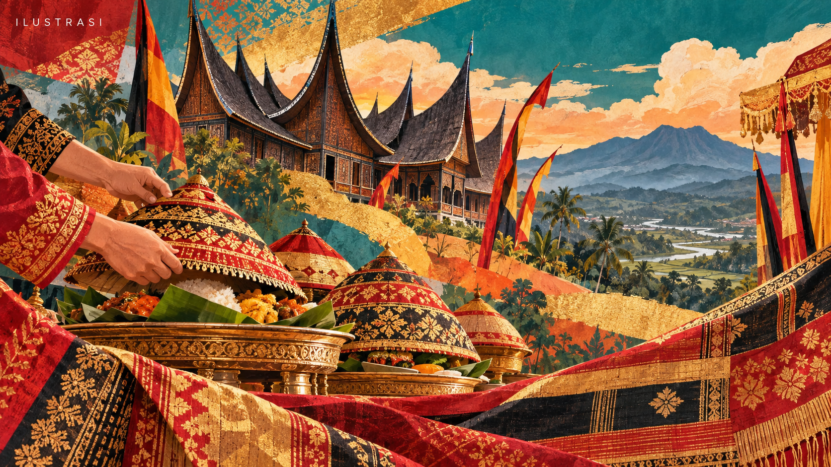 Ilustrasi budaya Minangkabau dan hidangan bersama, bukan dokumentasi perayaan Pasaman.